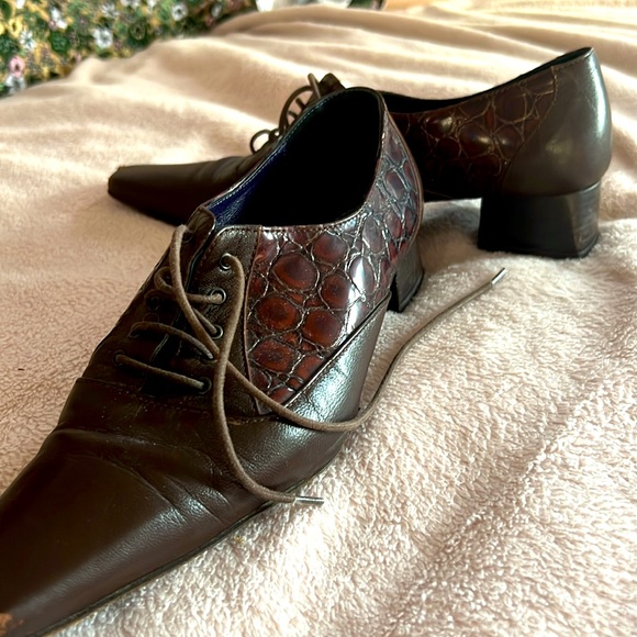 37.5 Made in Italy Leather Shoes Square Toe Low Chunky Heels Laces - Picture 12 of 12